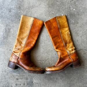 Vtg 60s 70s Frye Campus Boots Womens 8 B Orange Tan Square Toe Black Label FADED
